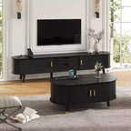 Mueble de TV estilo rústico con mesa de centro para televisores de 80 pulgadas, Mueble de TV acanalado con puerta corredera, Centro de entretenimiento ovalado con patas de madera