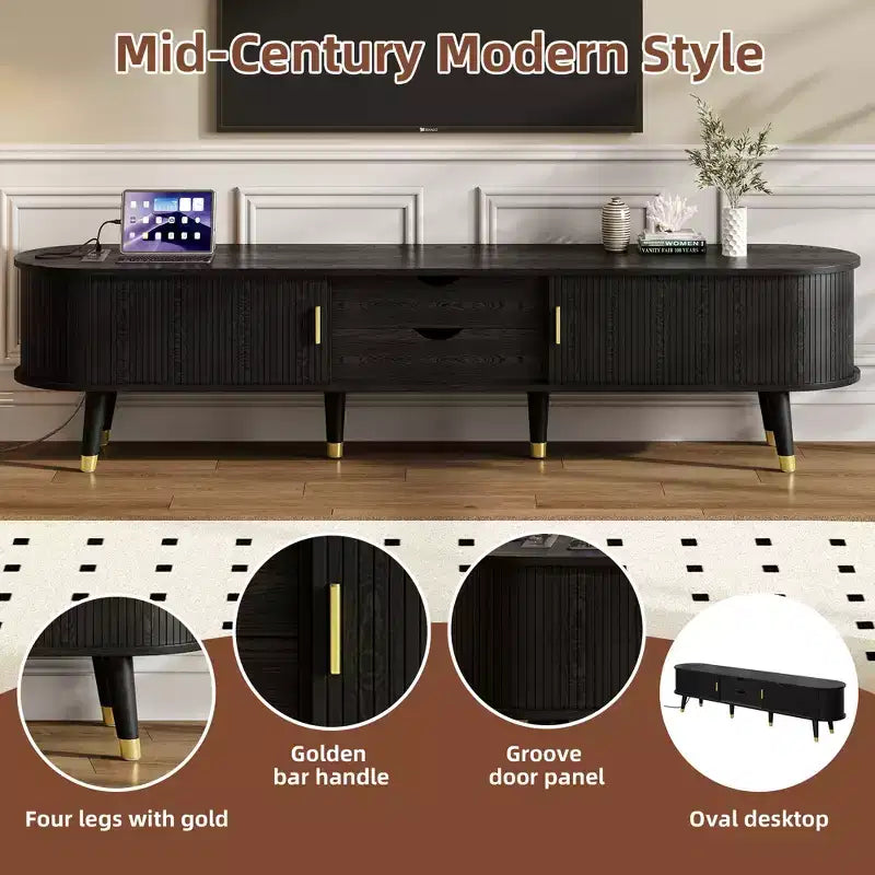 Mueble de TV estilo rústico con mesa de centro para televisores de 80 pulgadas, Mueble de TV acanalado con puerta corredera, Centro de entretenimiento ovalado con patas de madera