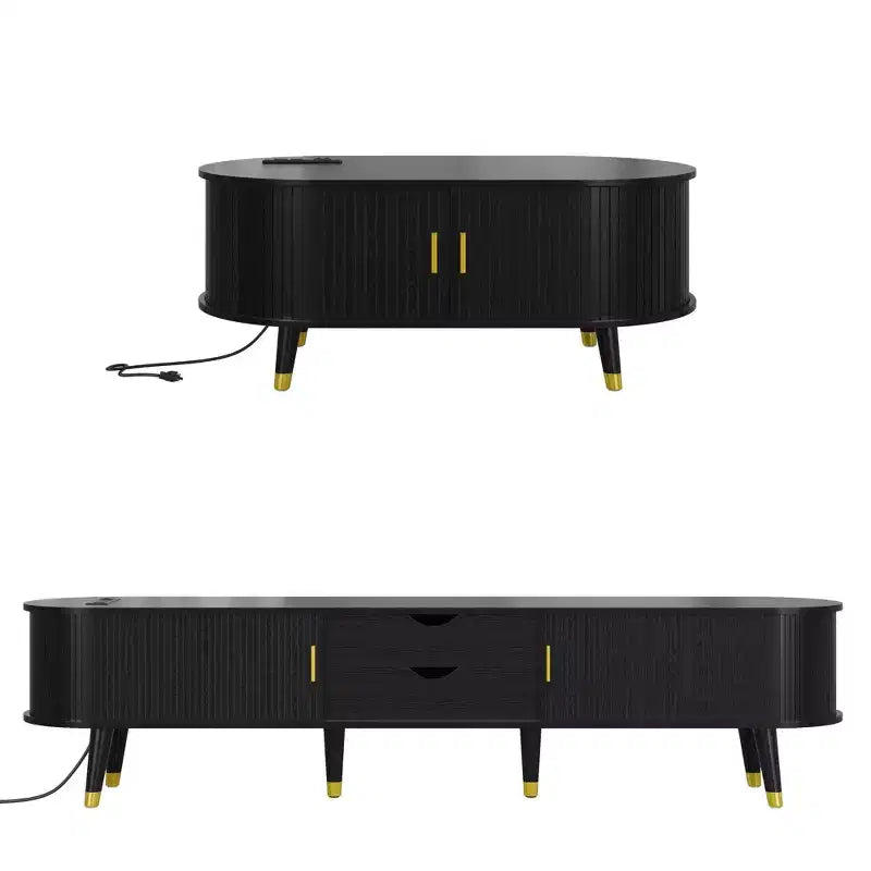 Mueble de TV estilo rústico con mesa de centro para televisores de 80 pulgadas, Mueble de TV acanalado con puerta corredera, Centro de entretenimiento ovalado con patas de madera