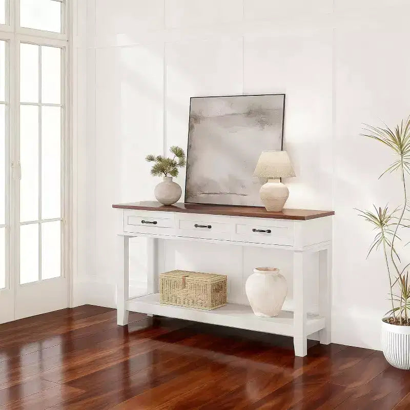 Mesa de Entrada, Mesa Consola con 3 Cajones de Almacenamiento, Mesa de Sofá de Madera de 3 Niveles Estilo Rústico, Mesas de Pasillo para Entrada, Sala de Estar