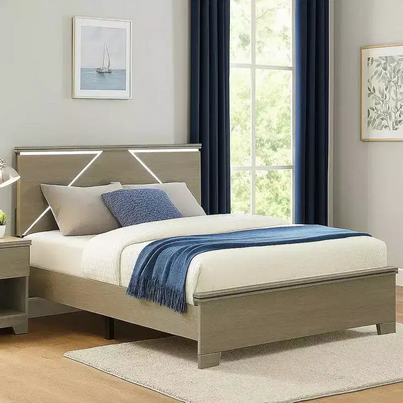 Cama Queen Royal Hampton, Cabecera de Panel con LED, Madera Gris Desgastada, Estilo Moderno