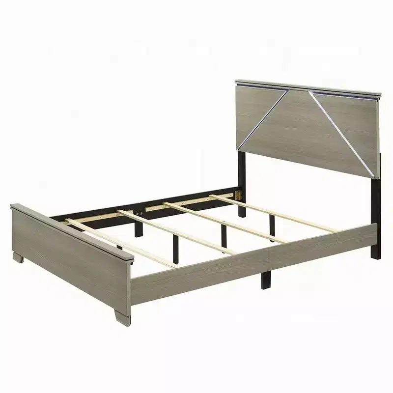 Cama Queen Royal Hampton, Cabecera de Panel con LED, Madera Gris Desgastada, Estilo Moderno