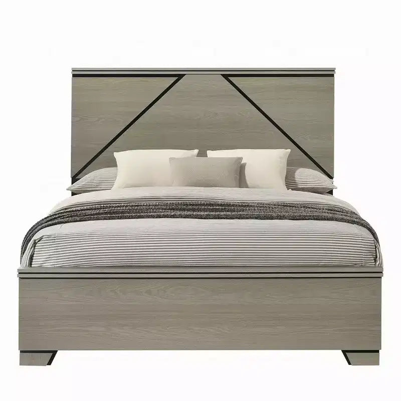 Cama Queen Royal Hampton, Cabecera de Panel con LED, Madera Gris Desgastada, Estilo Moderno