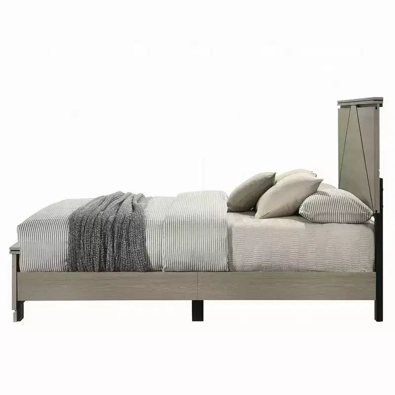 Cama Queen Royal Hampton, Cabecera de Panel con LED, Madera Gris Desgastada, Estilo Moderno
