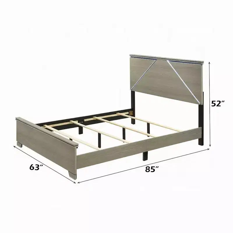 Cama Queen Royal Hampton, Cabecera de Panel con LED, Madera Gris Desgastada, Estilo Moderno