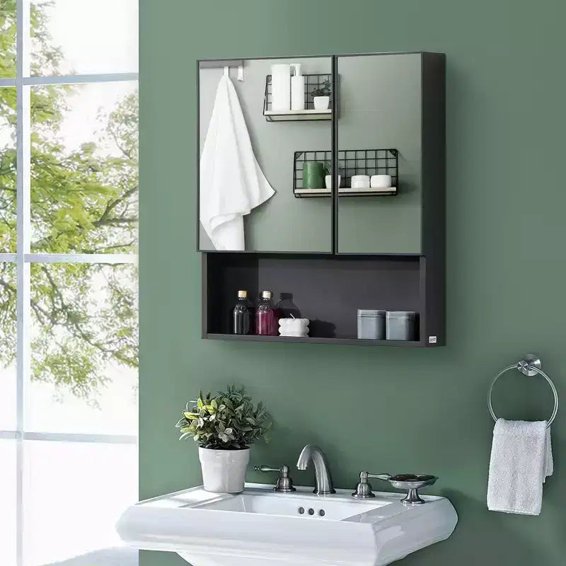 Botiquín con espejo de pared, armario de espejo de baño con puertas dobles y estantes de almacenamiento