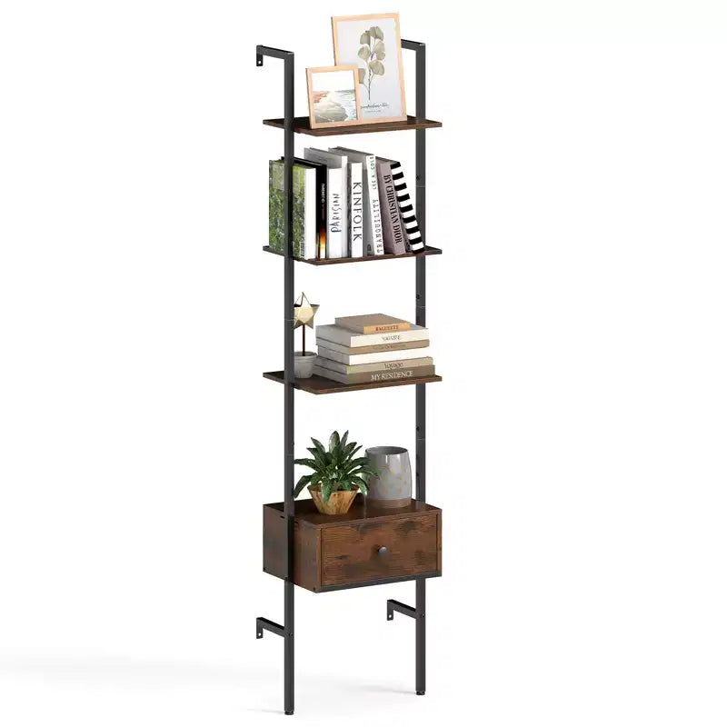 Costway 5-Tier Bookshelf w/ Drawer 70 Wall Mount Ladder Bookcase w/ Metal Frame