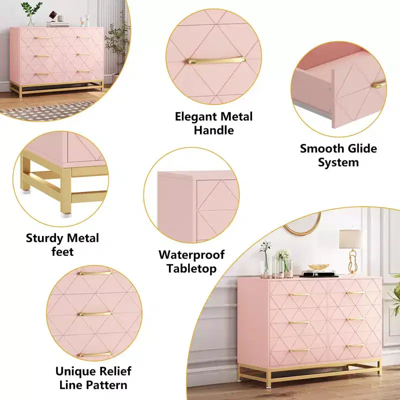 Cómoda moderna de madera con 6 cajones y tiradores dorados - Cajonera de almacenamiento versátil para dormitorio de adultos, sala de estar y organización de recibidores