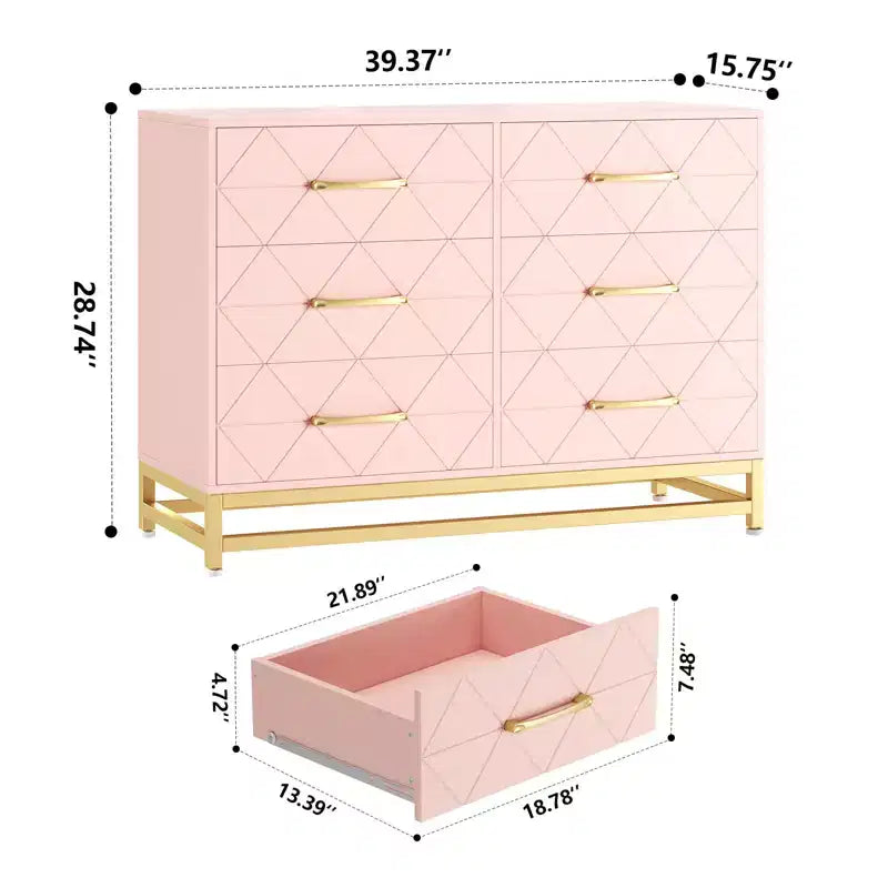 Cómoda moderna de madera con 6 cajones y tiradores dorados - Cajonera de almacenamiento versátil para dormitorio de adultos, sala de estar y organización de recibidores