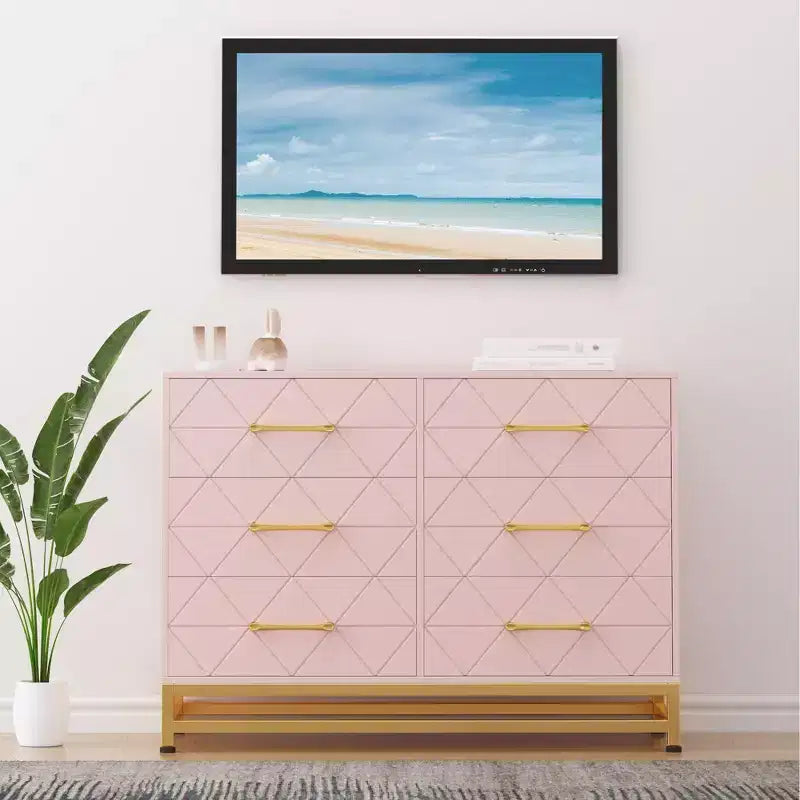 Cómoda moderna de madera con 6 cajones y tiradores dorados - Cajonera de almacenamiento versátil para dormitorio de adultos, sala de estar y organización de recibidores