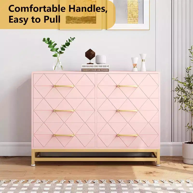 Cómoda moderna de madera con 6 cajones y tiradores dorados - Cajonera de almacenamiento versátil para dormitorio de adultos, sala de estar y organización de recibidores