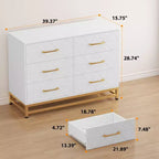 Cómoda moderna de madera con 6 cajones y tiradores dorados - Cajonera de almacenamiento versátil para dormitorio de adultos, sala de estar y organización de recibidores