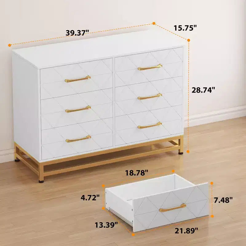 Cómoda moderna de madera con 6 cajones y tiradores dorados - Cajonera de almacenamiento versátil para dormitorio de adultos, sala de estar y organización de recibidores