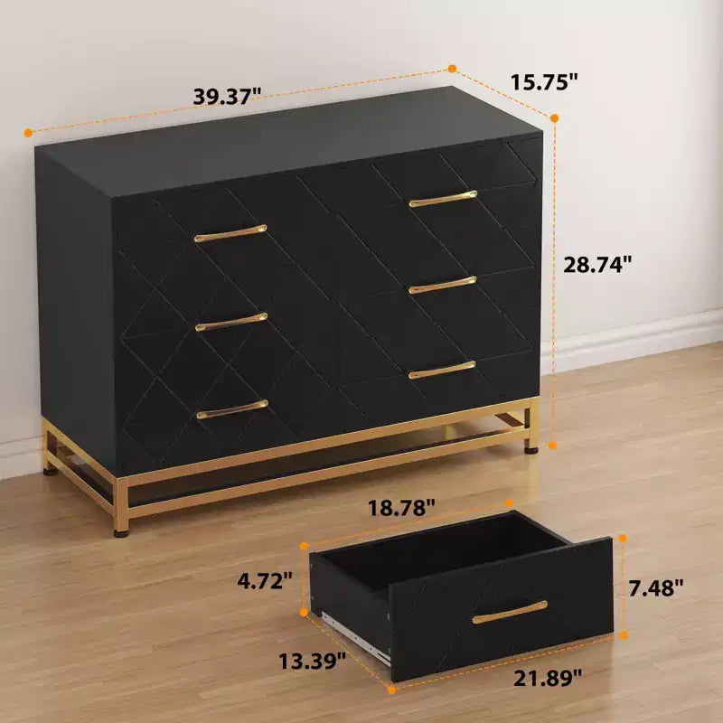 Cómoda moderna de madera con 6 cajones y tiradores dorados - Cajonera de almacenamiento versátil para dormitorio de adultos, sala de estar y organización de recibidores