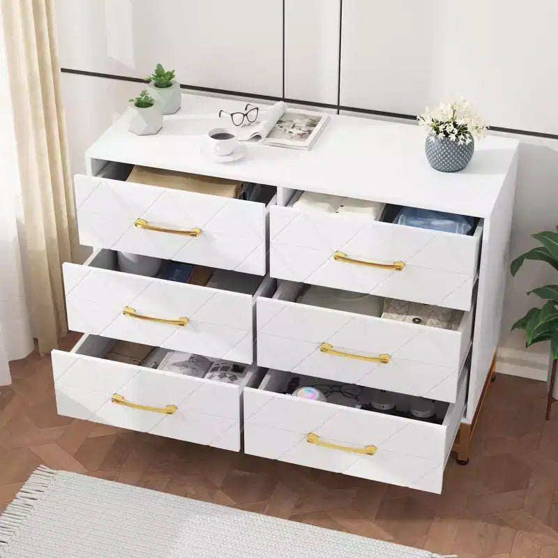 Cómoda moderna de madera con 6 cajones y tiradores dorados - Cajonera de almacenamiento versátil para dormitorio de adultos, sala de estar y organización de recibidores