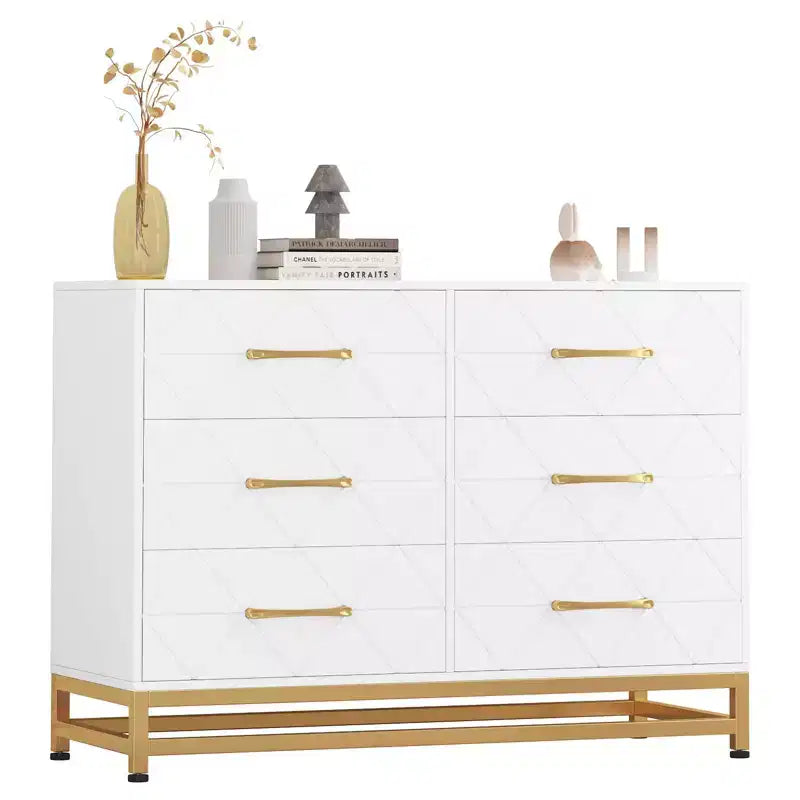 Cómoda moderna de madera con 6 cajones y tiradores dorados - Cajonera de almacenamiento versátil para dormitorio de adultos, sala de estar y organización de recibidores