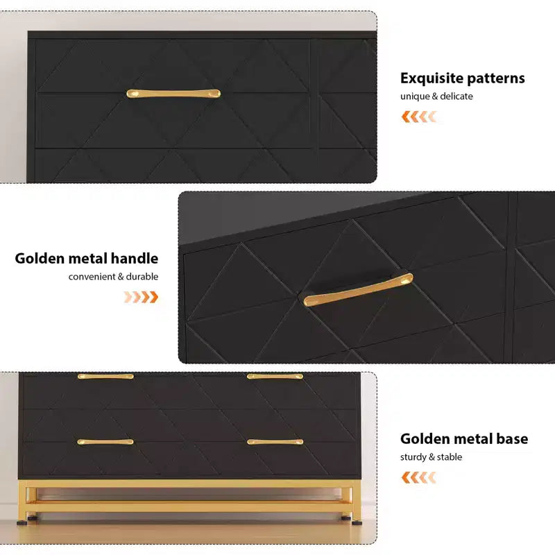 Cómoda moderna de madera con 6 cajones y tiradores dorados - Cajonera de almacenamiento versátil para dormitorio de adultos, sala de estar y organización de recibidores