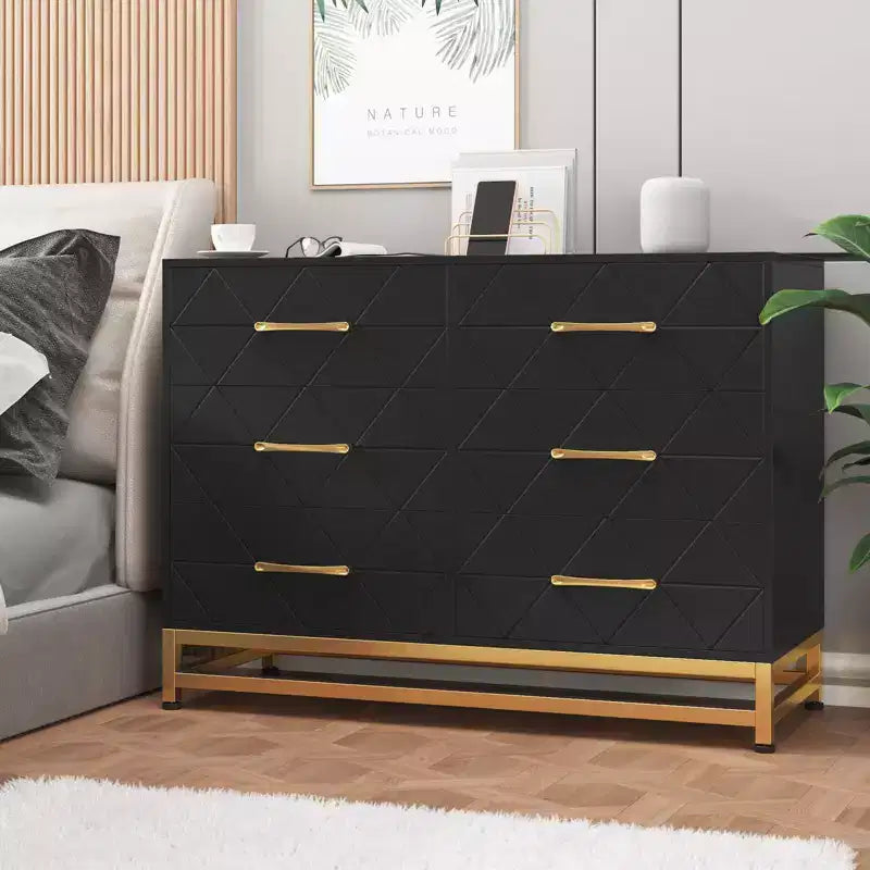 Cómoda moderna de madera con 6 cajones y tiradores dorados - Cajonera de almacenamiento versátil para dormitorio de adultos, sala de estar y organización de recibidores