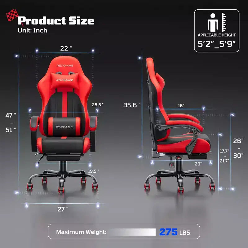 RSPGAME Silla de oficina ergonómica básica para videojuegos para adultos, sillas de oficina de cuero de PU con soporte lumbar vibratorio y reposapiés retráctil, sillas de computadora para el hogar