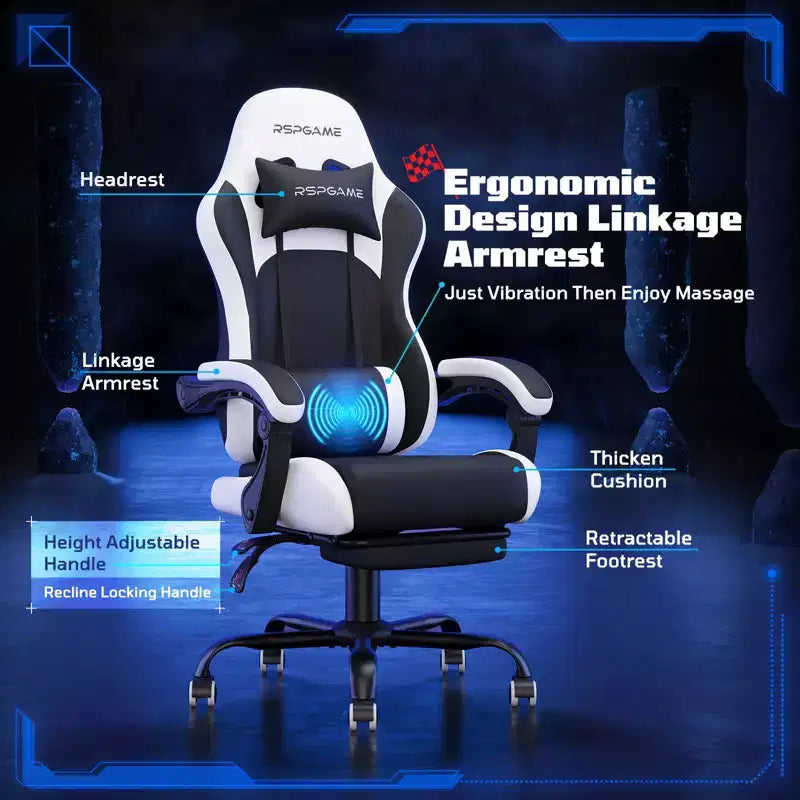 RSPGAME Silla de oficina ergonómica básica para videojuegos para adultos, sillas de oficina de cuero de PU con soporte lumbar vibratorio y reposapiés retráctil, sillas de computadora para el hogar