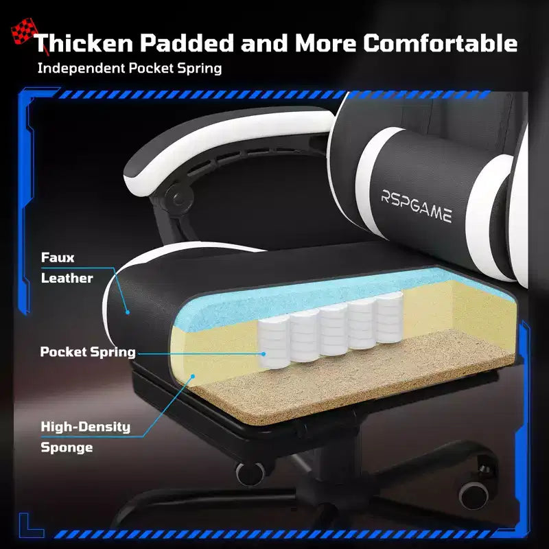 RSPGAME Silla de oficina ergonómica básica para videojuegos para adultos, sillas de oficina de cuero de PU con soporte lumbar vibratorio y reposapiés retráctil, sillas de computadora para el hogar