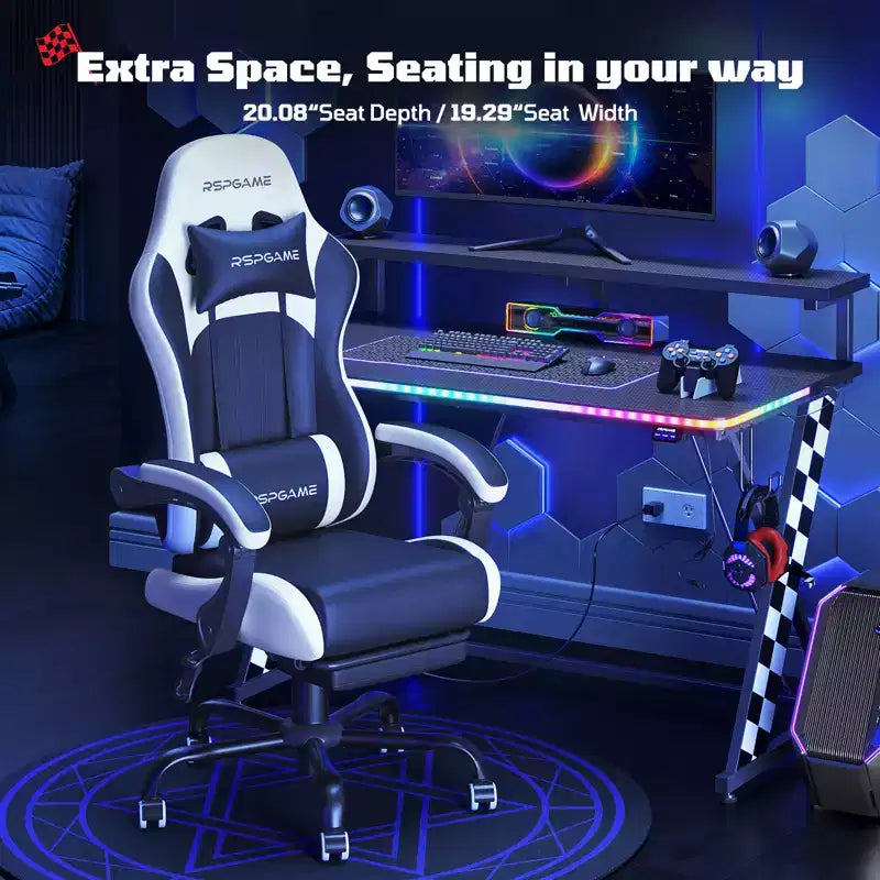 RSPGAME Silla de oficina ergonómica básica para videojuegos para adultos, sillas de oficina de cuero de PU con soporte lumbar vibratorio y reposapiés retráctil, sillas de computadora para el hogar