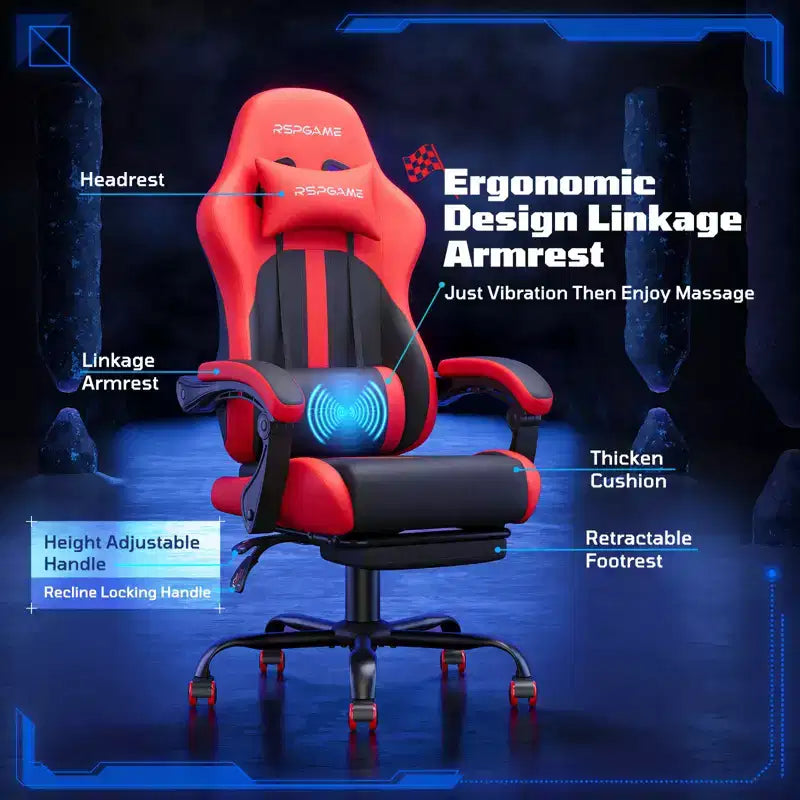 RSPGAME Silla de oficina ergonómica básica para videojuegos para adultos, sillas de oficina de cuero de PU con soporte lumbar vibratorio y reposapiés retráctil, sillas de computadora para el hogar