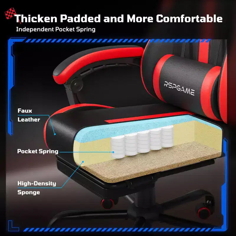 RSPGAME Silla de oficina ergonómica básica para videojuegos para adultos, sillas de oficina de cuero de PU con soporte lumbar vibratorio y reposapiés retráctil, sillas de computadora para el hogar