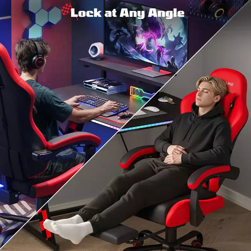 RSPGAME Silla de oficina ergonómica básica para videojuegos para adultos, sillas de oficina de cuero de PU con soporte lumbar vibratorio y reposapiés retráctil, sillas de computadora para el hogar