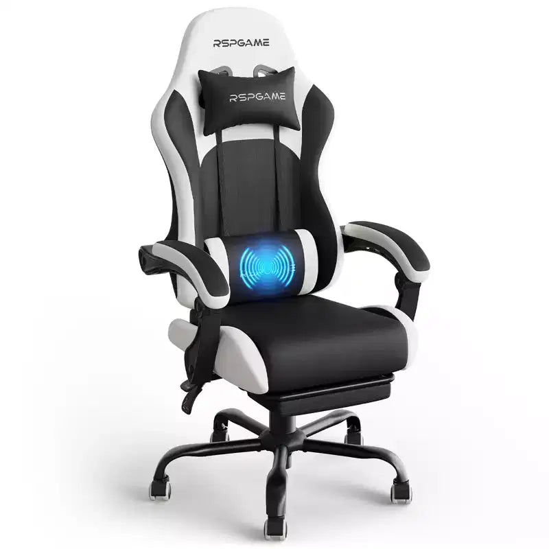 RSPGAME Silla de oficina ergonómica básica para videojuegos para adultos, sillas de oficina de cuero de PU con soporte lumbar vibratorio y reposapiés retráctil, sillas de computadora para el hogar