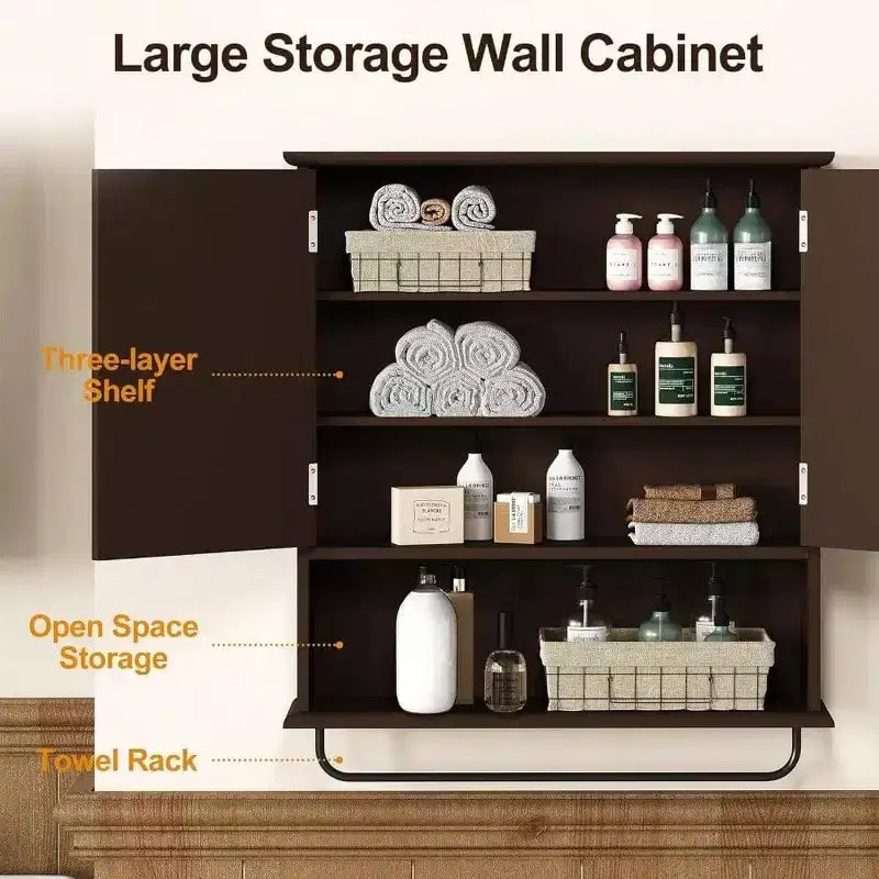 Mueble de baño montado en la pared sobre el inodoro con toallero y estante ajustable Armario de almacenamiento grande marrón 22x25 pulgadas