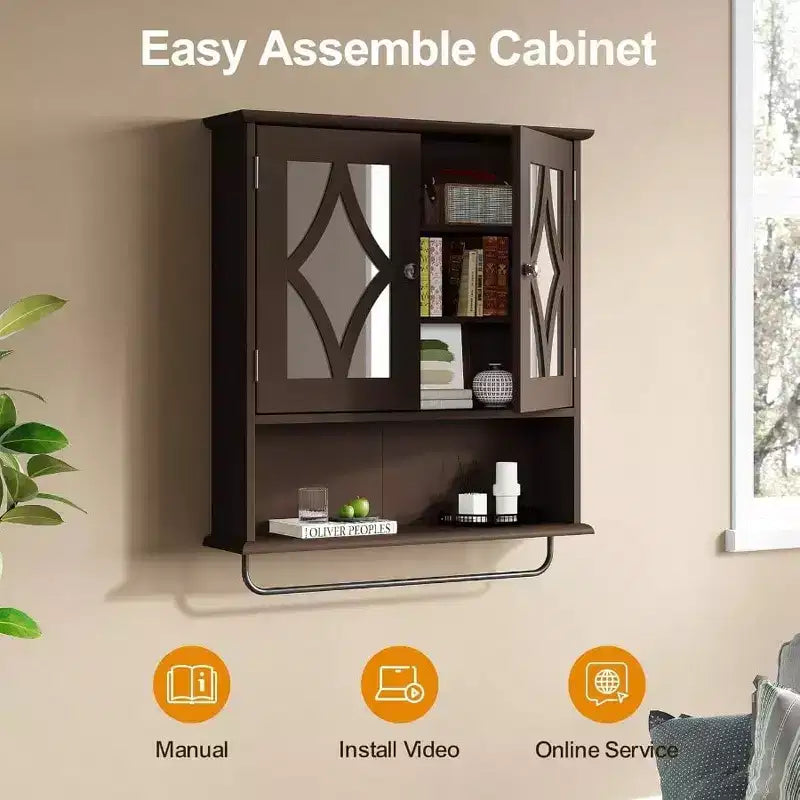 Mueble de baño montado en la pared sobre el inodoro con toallero y estante ajustable Armario de almacenamiento grande marrón 22x25 pulgadas