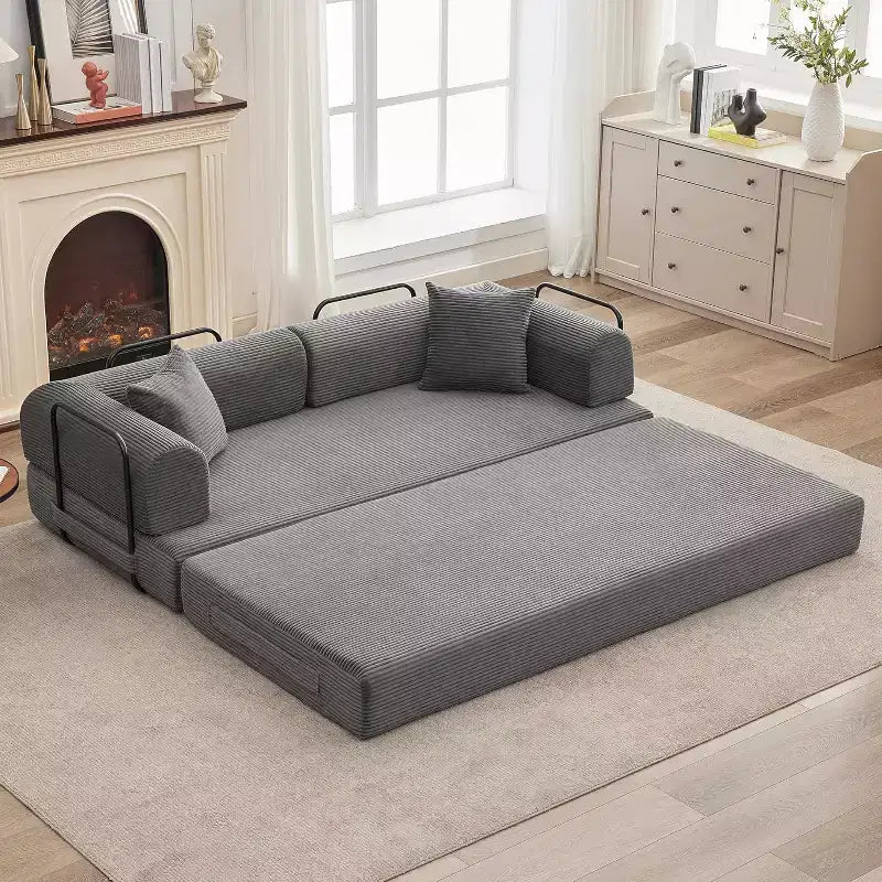 Sofá Cama Convertible 4 en 1, Tejido de Pana con Almohadas, No Requiere Montaje, Marco Robusto para Sala de Estar en Espacios Pequeños