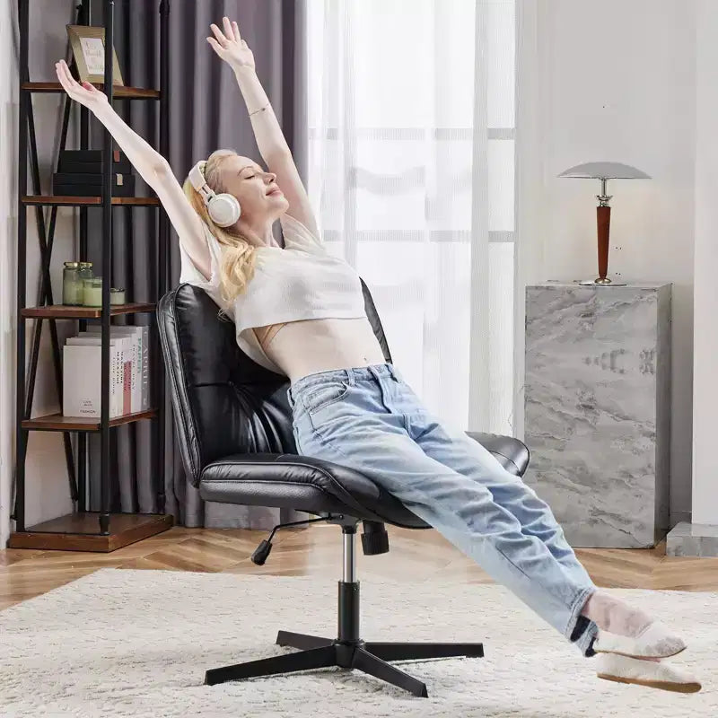 TUYOHW Silla giratoria de cuero sintético con base cruzada sin ruedas, silla de oficina con altura ajustable, silla de juego sin brazos para oficina