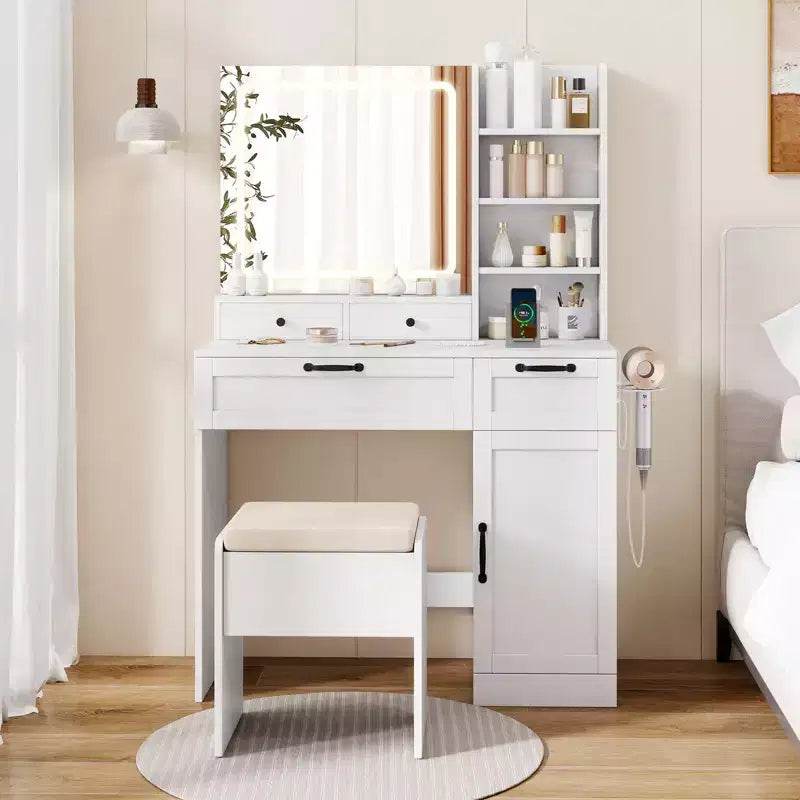 Juego de tocador Costway con taburete acolchado y mesa de maquillaje con brillo de modo de iluminación ajustable