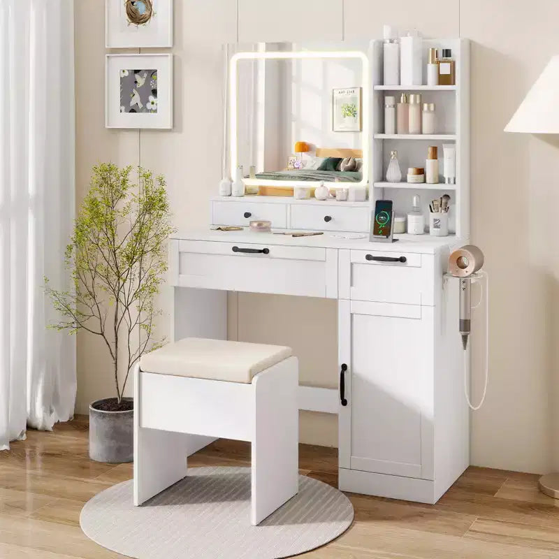 Juego de tocador Costway con taburete acolchado y mesa de maquillaje con brillo de modo de iluminación ajustable