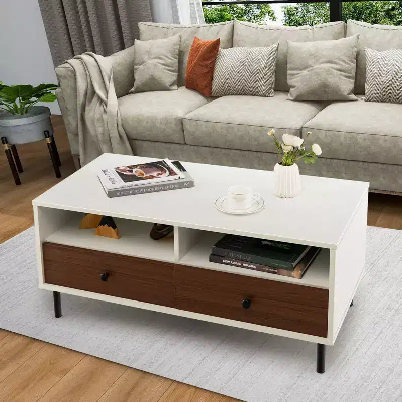 Mesa de centro moderna Costway rectangular con estante de almacenamiento y cajones, muebles para sala de estar
