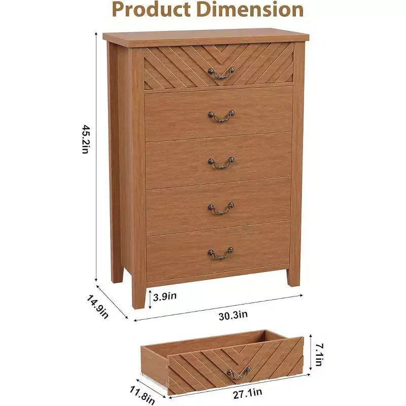 Cómoda de 5 cajones para dormitorio, mesita de noche marrón con 5 cajones y elegante diseño en V, organizador de cómoda de madera para sala de estar, cuarto de niños