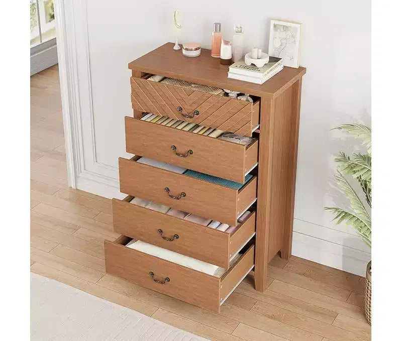 Cómoda de 5 cajones para dormitorio, mesita de noche marrón con 5 cajones y elegante diseño en V, organizador de cómoda de madera para sala de estar, cuarto de niños