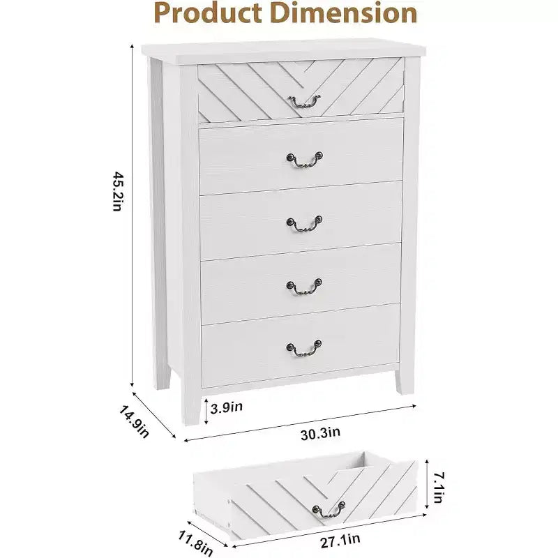 Cómoda de 5 cajones para dormitorio, mesita de noche marrón con 5 cajones y elegante diseño en V, organizador de cómoda de madera para sala de estar, cuarto de niños