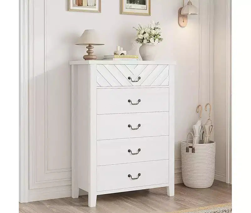 Cómoda de 5 cajones para dormitorio, mesita de noche marrón con 5 cajones y elegante diseño en V, organizador de cómoda de madera para sala de estar, cuarto de niños