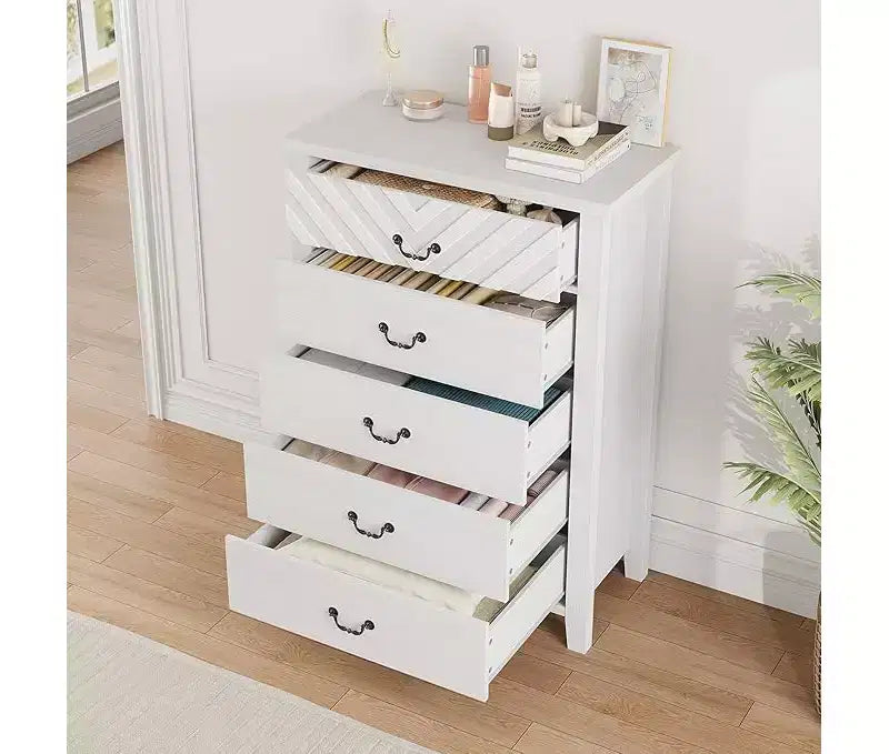 Cómoda de 5 cajones para dormitorio, mesita de noche marrón con 5 cajones y elegante diseño en V, organizador de cómoda de madera para sala de estar, cuarto de niños