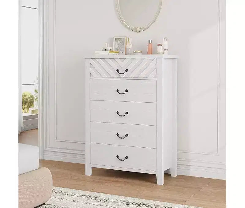 Cómoda de 5 cajones para dormitorio, mesita de noche marrón con 5 cajones y elegante diseño en V, organizador de cómoda de madera para sala de estar, cuarto de niños