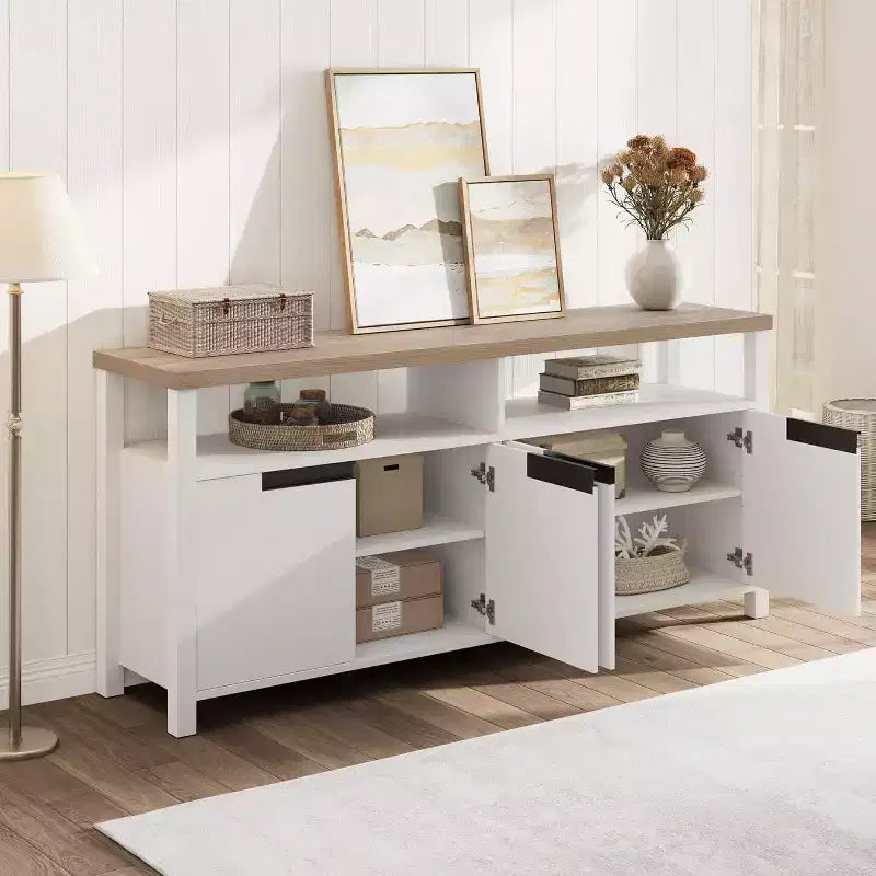 Mueble de TV de Granja para Televisores de 70 Pulgadas, Centro de Entretenimiento de 63 Pulgadas de Largo con Almacenamiento y Estante Abierto, Mueble de Televisión Grande, Mesa Consola Multimedia Alta y Moderna