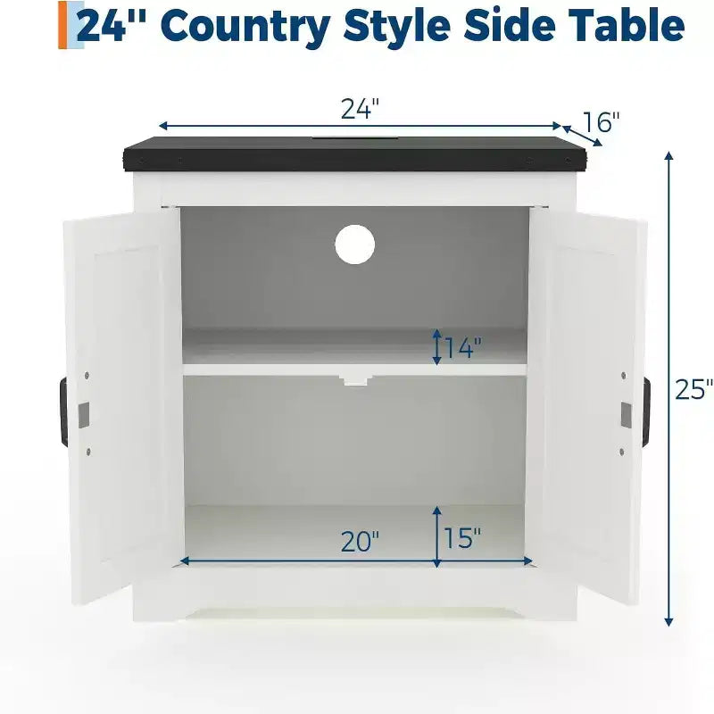 Mesa auxiliar de carga rústica de 24 pulgadas con puertos USB, tipo C y tomas de corriente. Mesita de noche estilo casa de campo con estante ajustable para dormitorio, sala de estar