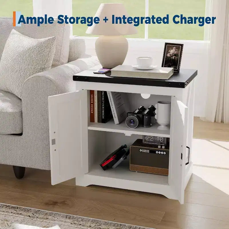 Mesa auxiliar de carga rústica de 24 pulgadas con puertos USB, tipo C y tomas de corriente. Mesita de noche estilo casa de campo con estante ajustable para dormitorio, sala de estar
