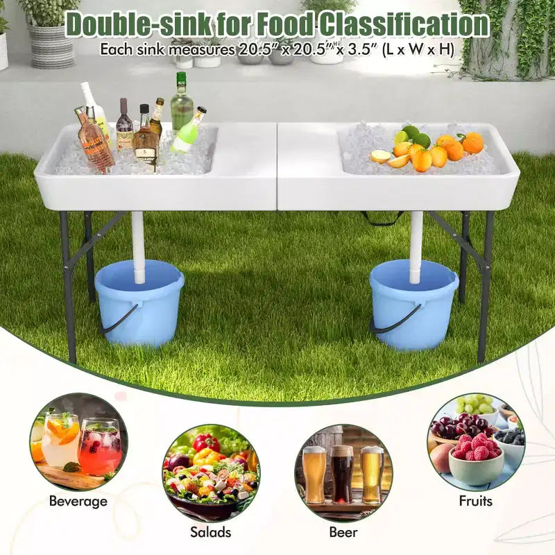 Mesa de hielo plegable Costway de 5 pies con doble fregadero, faldón desmontable, mesa refrigeradora