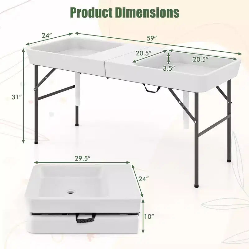 Mesa de hielo plegable Costway de 5 pies con doble fregadero, faldón desmontable, mesa refrigeradora