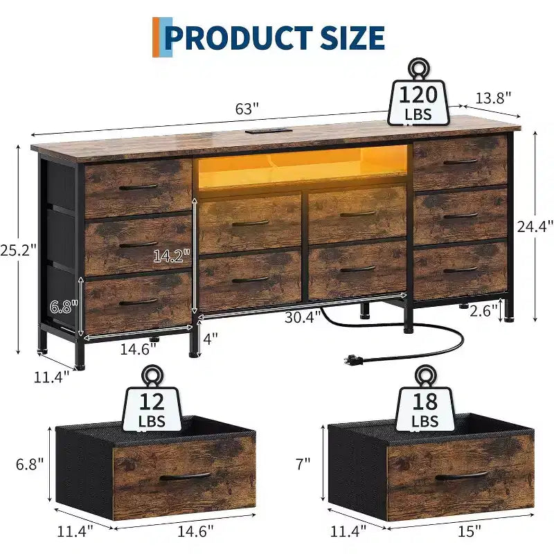 Mueble de TV para televisores de 65-75 pulgadas, cómoda larga de 10 cajones con tomas de corriente y luces LED, centro de entretenimiento de 63 pulgadas, mueble de TV con cajones de almacenamiento