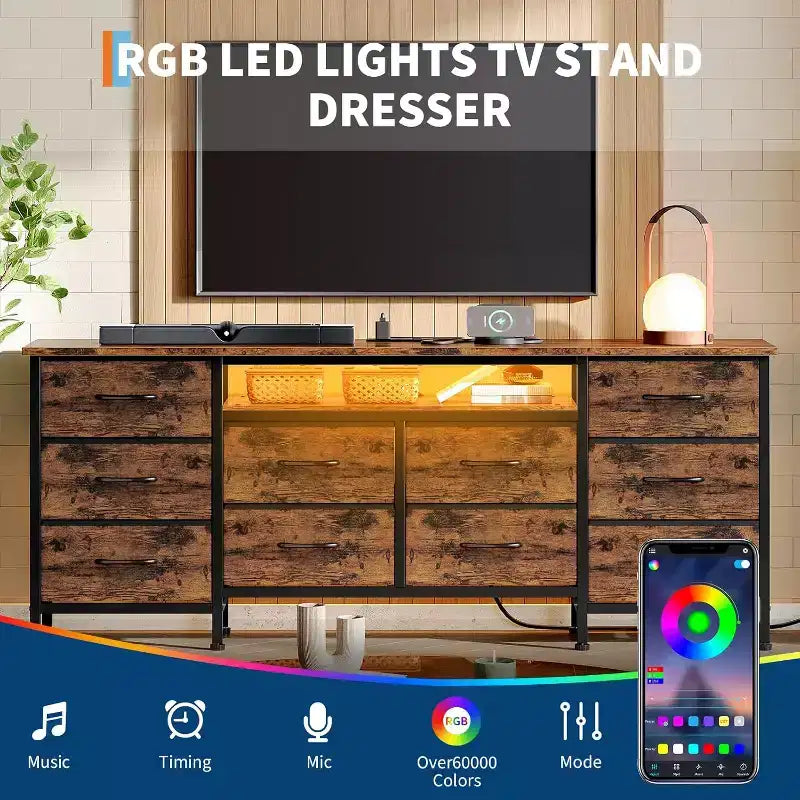 Mueble de TV para televisores de 65-75 pulgadas, cómoda larga de 10 cajones con tomas de corriente y luces LED, centro de entretenimiento de 63 pulgadas, mueble de TV con cajones de almacenamiento